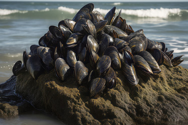 Pile of mussels on sea sand. Seafood mussel on marine coastline habitat. Generate ai - yliv