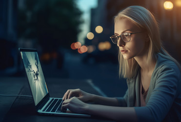 блондинка работает за ноутбуком. генеративный контент - yliv
