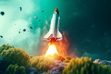 Ракета зеленого цвета летает по науке. Инновационный стартап shiny power. Генерировать искусственный интеллект - yliv