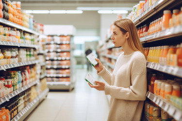 Женщина в магазине выбирает товары. Женщина-клиентка на продуктовом рынке делает покупки. Генерировать искусственный интеллект - yliv