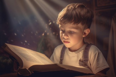 Boy reading storybook with illumination ray. Little male pupil reader with narrative literature. Generate ai - yliv