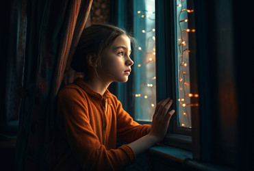 Girl window makes wish. Little kid wish shine make sky. Generate Ai - yliv