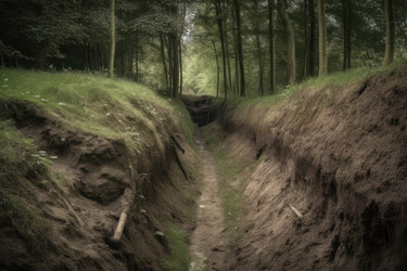 World war trench. Battlefield sconce in wild forest field. Generate ai - yliv