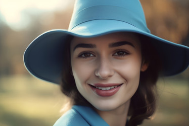 молодая женщина улыбается шляпа синего цвета. генеративный контент - yliv