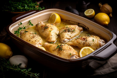Baked lemon chicken food dish. Citrus table fruit cooked nutrition. Generate Ai - yliv