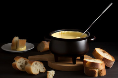 блюдо для сырного фондю наколоть вилкой. вкусный ужин с плавленым сыром и хлебом. генеративный контент - yliv