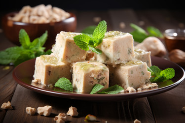 тарелка с кусочками вкусной халвы и листьями мяты на тарелке. генеративный контент - yliv