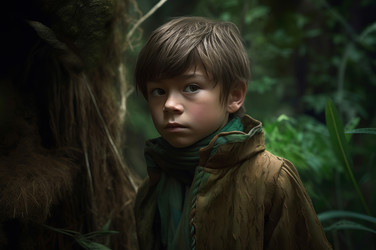 Lost kid in mystic green forest. Generate ai - yliv