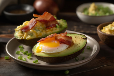 Avocado boats with eggs gastronomic food. Avocado green guacamole snack food. Generate ai - yliv