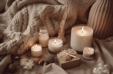 уютная зимняя бежевая композиция. отличающаяся белым цветом и горящими свечами атмосферная спальня. генеративный контент - yliv
