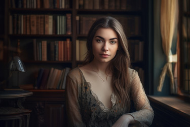 женщина сидит рядом с передней книжной полкой. молодая леди, посетительница университетской библиотеки. генеративный контент - yliv