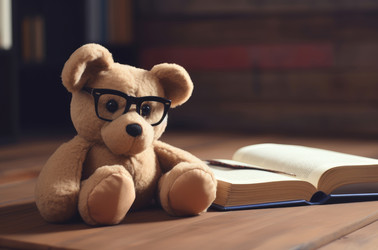 плюшевый мишка в очках рядом с открытой книгой. генеративный контент - yliv