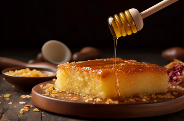 Semolina cake honey spoon oriental. Generate Ai - yliv