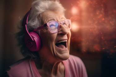 Happy excited elderly woman with pink headphones. Thrilled positive grandma shouting face expression. Generate ai - yliv