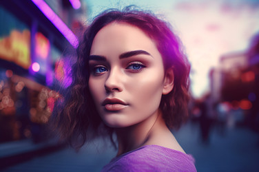 девушка смотрит на красочную фиолетовую сцену. генеративный контент - yliv