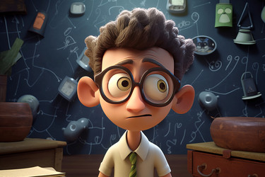 Confused genius with glasses at schoolboard cartoon. School clever teacher educator at blackboard. Generate ai - yliv