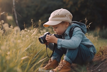 малыш исследует осень с фотоаппаратом в поле. генеративный контент - yliv