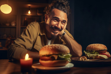 Man smiling with big burger at table. Generate Ai - yliv