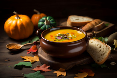 Вегетарианский тыквенный суп по-деревенски. Здоровая пища вкусной диетической свежести. Генерировать искусственный интеллект - yliv