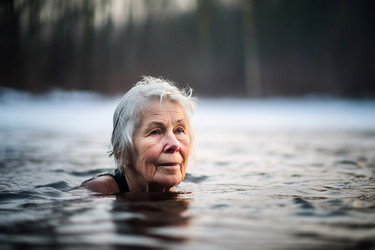 Elderly woman swimming in outdoor cold pond water. Senior female swimmer rejuvenation refreshing aquatic therapy. Generate ai - yliv