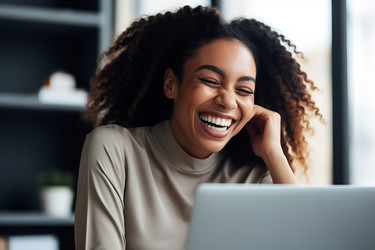 Happy woman smiling laptop indoor home. Generate Ai - yliv