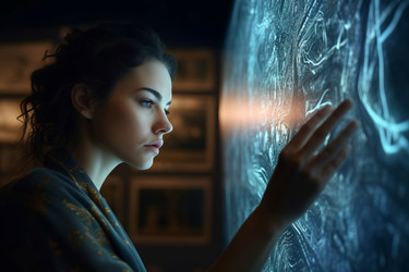 Женщина, использующая интерактивную футуристическую карту. Инновационный цифровой проект World connection hologram. Генерировать искусственный интеллект - yliv