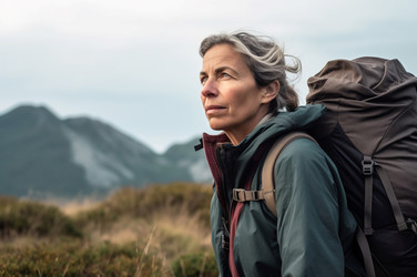 Mature woman travelling mountain expedition. Generate ai - yliv