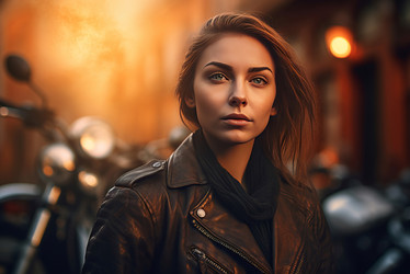 Girl spark eyes love. Beautiful and young lady with black leather jacket. Generate AI - yliv