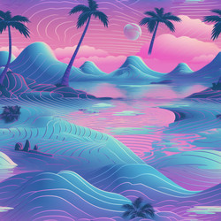 Неоновые цвета, vaporwave тропический пляж баннер бесшовные. Создать ИИ - yliv