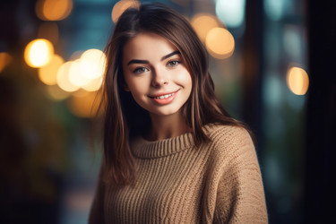 фотография ярко улыбающейся женщины в вязаном свитере. генеративный контент - yliv