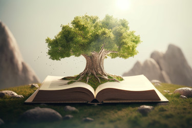 открытая книга с аннотацией к растущему зеленому дереву. концепция зеленой природной мудрости и эрудиции. генеративный контент - yliv