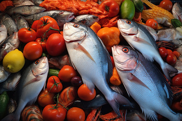 свежий улов рыбы и других морепродуктов. питание водными продуктами со свежими овощами. генеративный контент - yliv