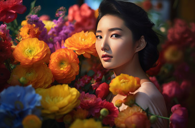 Beauty model with multicolored blossom flower bouquet. Generate ai - yliv