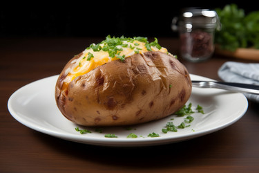 подаем запеченный картофель целиком на белой тарелке. вкусный горячий картофель в мундире со свежей зеленью. генеративный контент - yliv