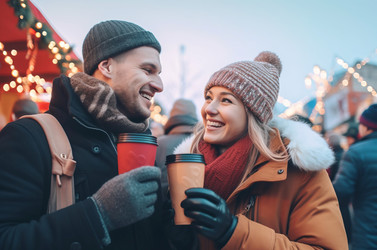 улыбающаяся счастливая пара пьет кофе на открытом воздухе. уличные романтические свидания, совместный отдых. генеративный контент - yliv
