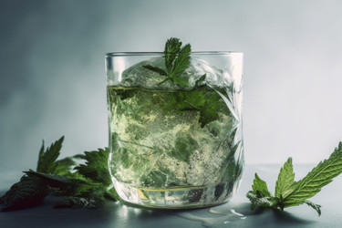 Стакан для напитка со льдом из конопли. Натуральная настоянная трава herb medical. Генерировать искусственный интеллект - yliv