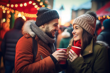 Smiling couple drinking coffee outdoor street holiday. People date family together. Generate Ai - yliv