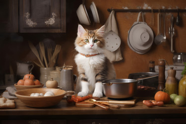 Fluffy kitty sitting kitchen tabletop. Generate ai - yliv