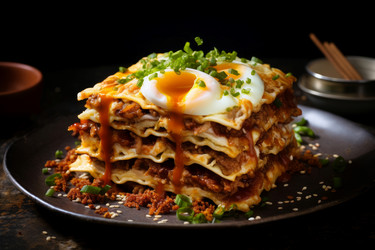 Ramen lasagna egg food. Italian golden brown dip food. Generate Ai - yliv