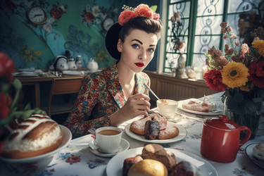 Retro woman having breakfast with dessert. Generate Ai - yliv