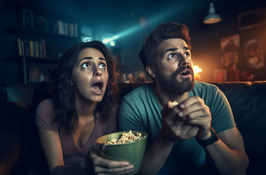 Пара смотрит вечерний фильм ужасов по телевизору. Генерировать искусственный интеллект - yliv