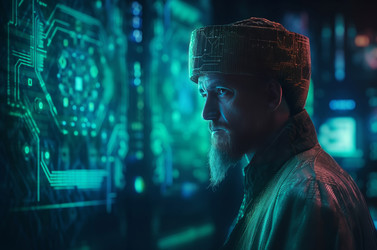 цифровые голографические экраны создают портрет инженера. виртуальный кибернетический центр искусственных вычислений. генеративный контент - yliv