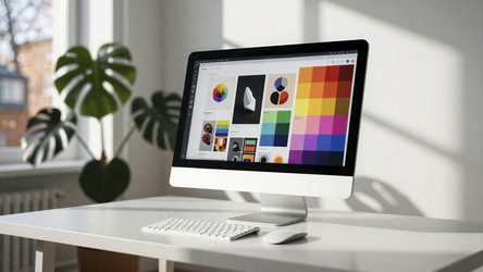 Современное рабочее пространство с iMac, отображающим цветовую палитру - Vvicca