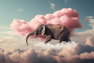 Elephant in pink fluffy clouds. Surreal dreamlike elephant in cotton candy clouds sky. Generate ai - yliv