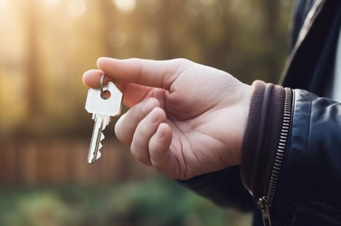 Real estate agent holds key. Person agent sale residential home broker. Generate Ai - yliv