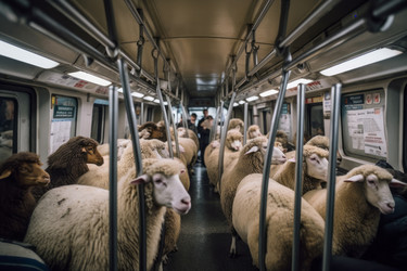 Sheep crammed subway commuters. Generate ai - yliv