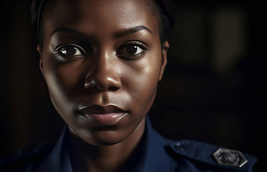 Black female police face closeup. Security uniform cop portrait. Generate Ai - yliv