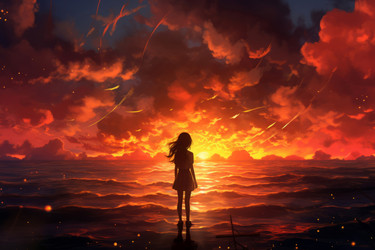Sunset girl on ocean beach anime visual novel game. Person face sun digital beauty. Generate Ai - yliv