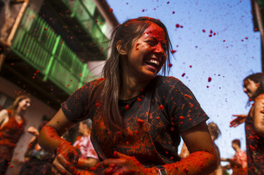 Tomatina festival people woman. Fun traditional food fight fest. Generate AI - yliv