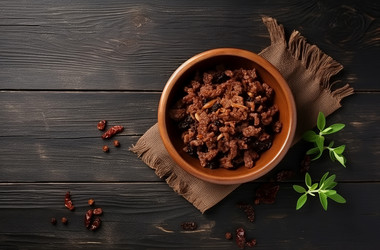 Dried soy meat bowl on wooden board. Plant based food made from soybean. Generate ai - yliv
